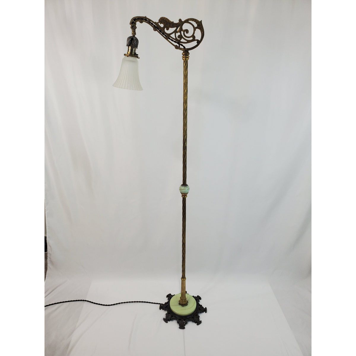 Antique Art Deco Uranium Slag Glass Bridge Arm Floor Lamp - 1920s
