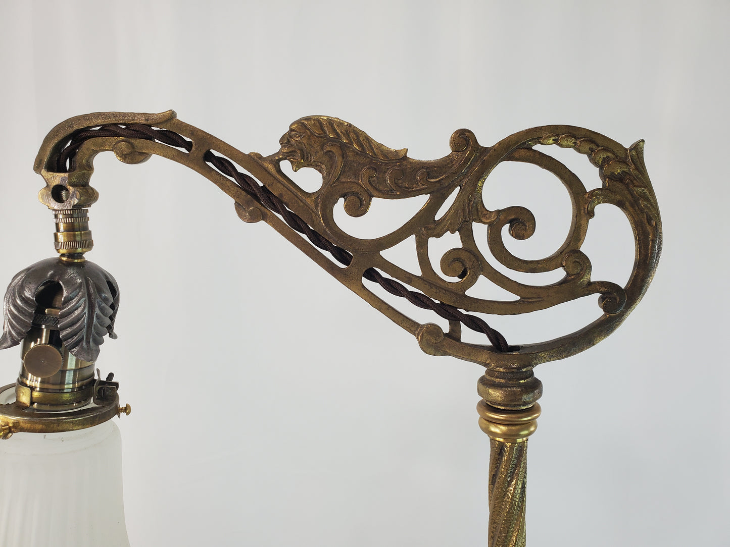 Antique Art Deco Uranium Slag Glass Bridge Arm Floor Lamp - 1920s