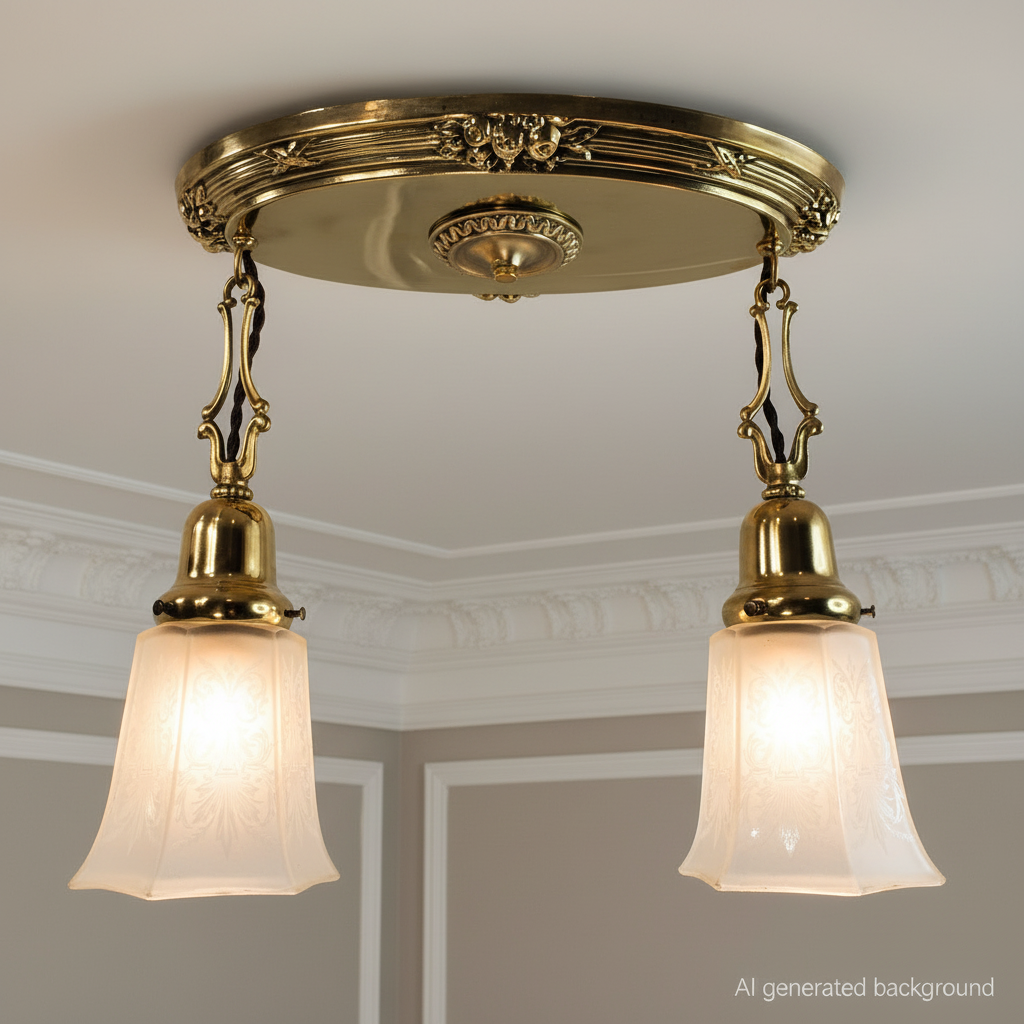 Antique Flush Mount Brass 2-Light Chandelier 1920s