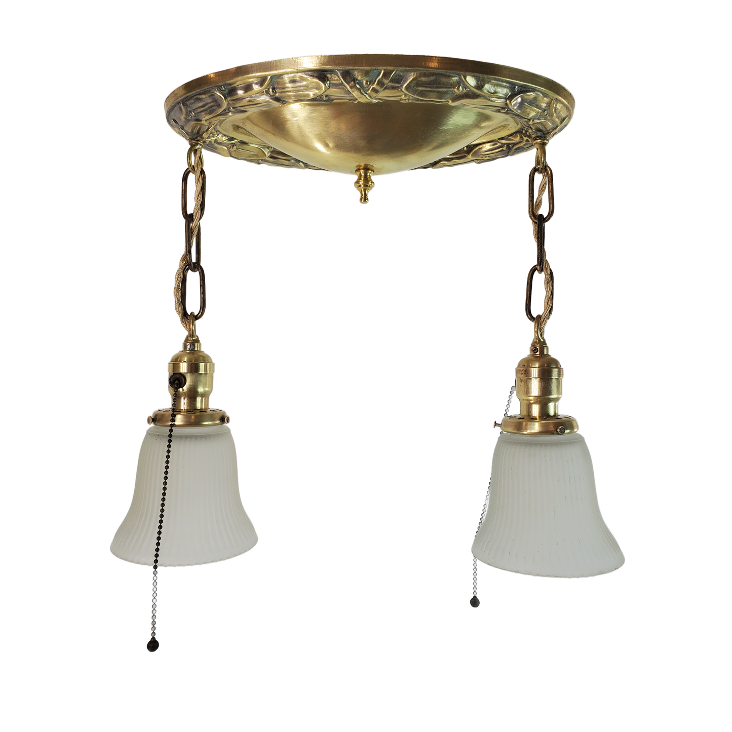 Antique Flush Mount Polished Brass 2-Light Chandelier 1920s