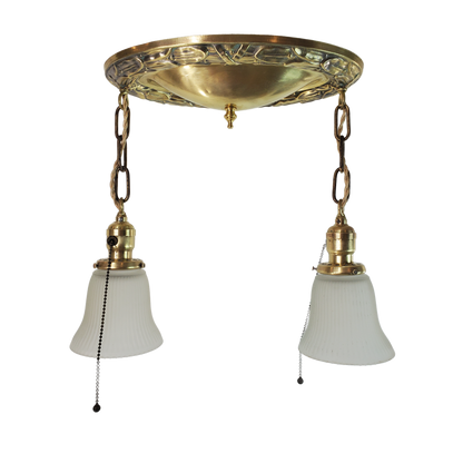 Antique Flush Mount Polished Brass 2-Light Chandelier 1920s