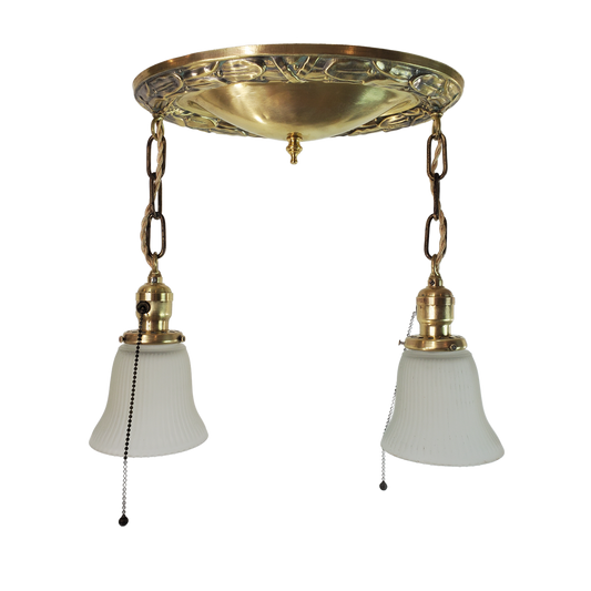 Antique Flush Mount Polished Brass 2-Light Chandelier 1920s