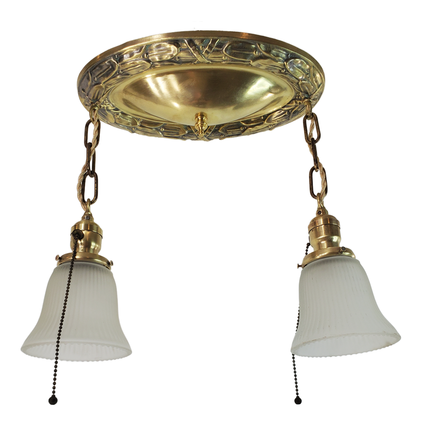 Antique Flush Mount Polished Brass 2-Light Chandelier 1920s