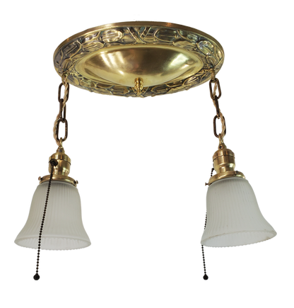 Antique Flush Mount Polished Brass 2-Light Chandelier 1920s