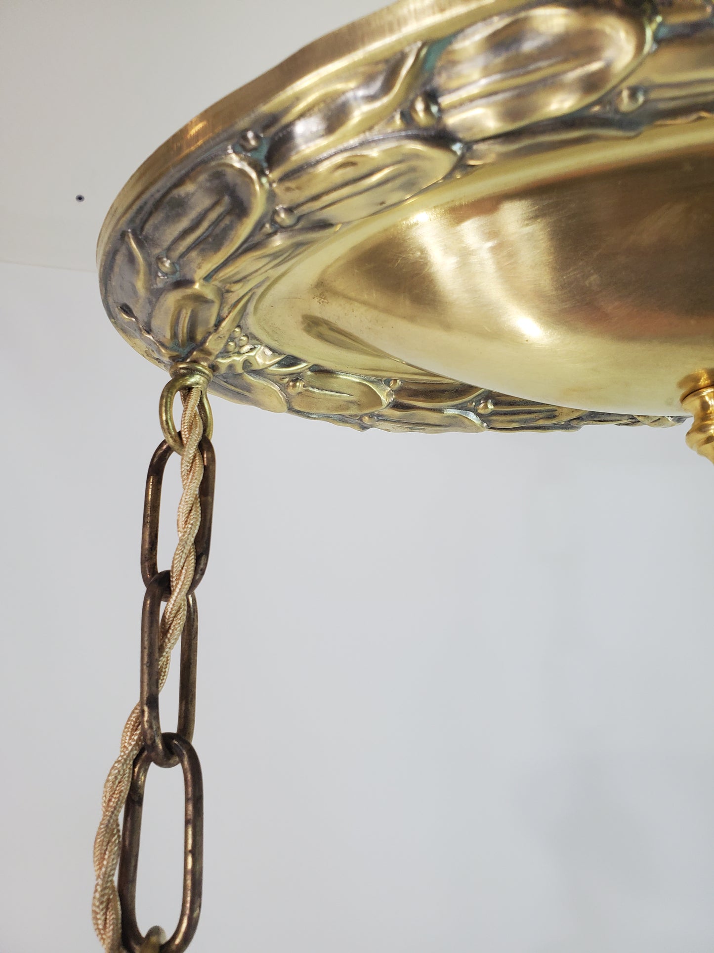 Antique Flush Mount Polished Brass 2-Light Chandelier 1920s