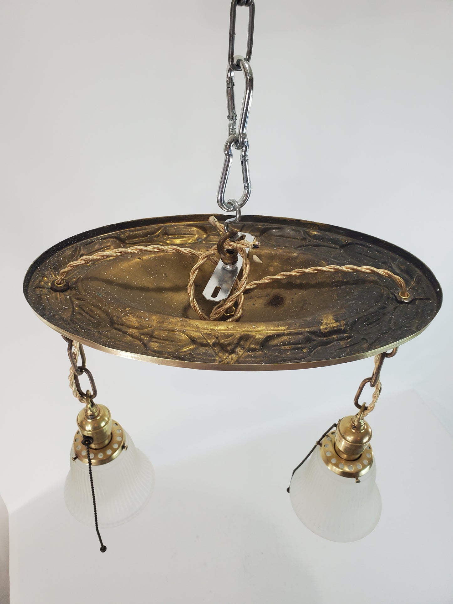 Antique Flush Mount Polished Brass 2-Light Chandelier 1920s