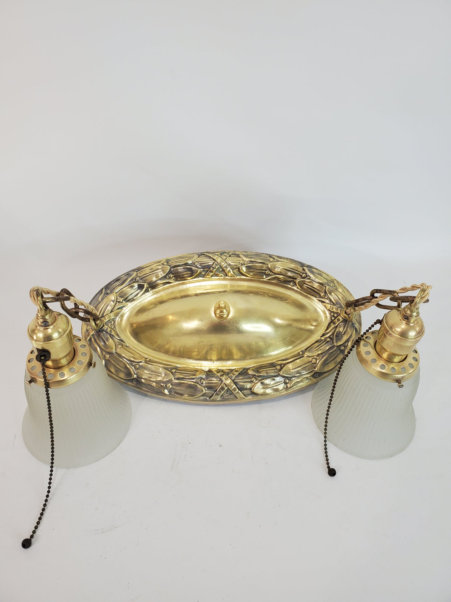 Antique Flush Mount Polished Brass 2-Light Chandelier 1920s