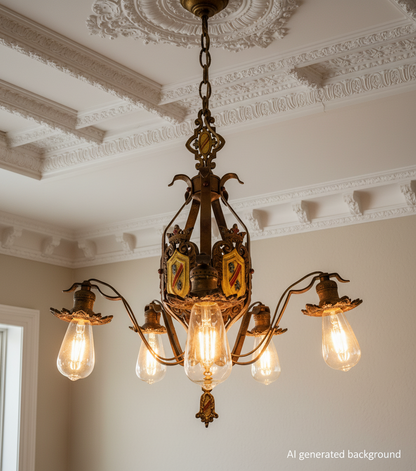Antique Spanish Revival 5-Light Chandelier with Coat of Arms Accents
