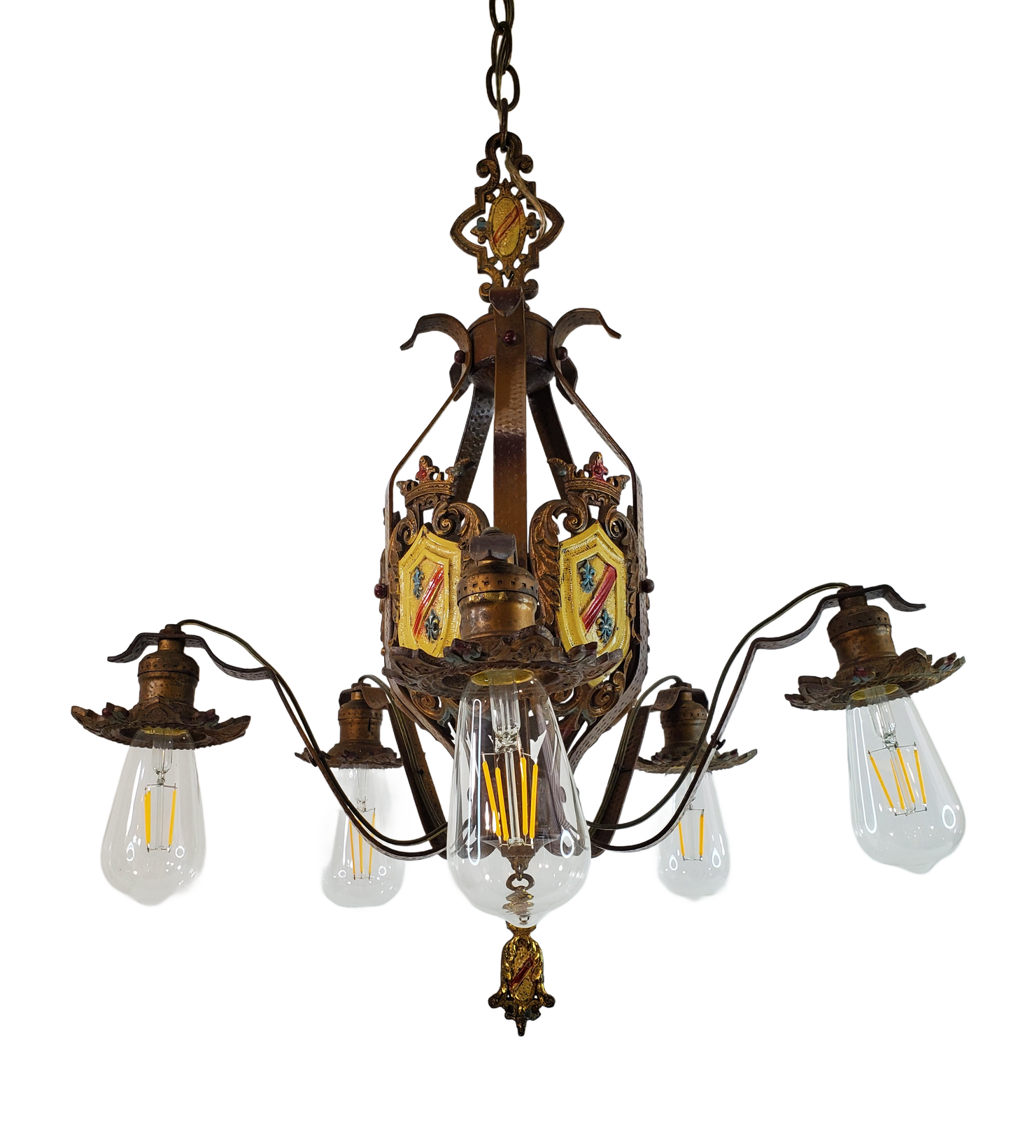 Antique Spanish Revival 5-Light Chandelier with Coat of Arms Accents