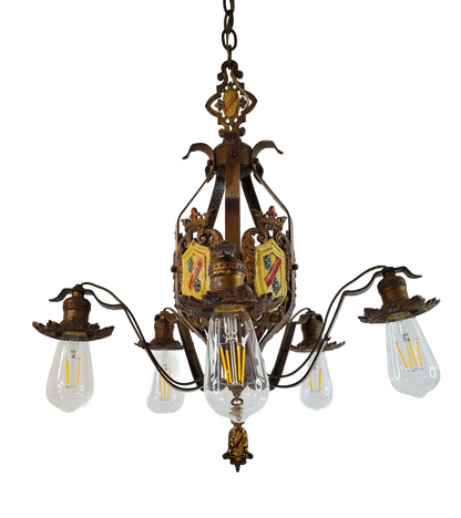 Antique Spanish Revival 5-Light Chandelier with Coat of Arms Accents