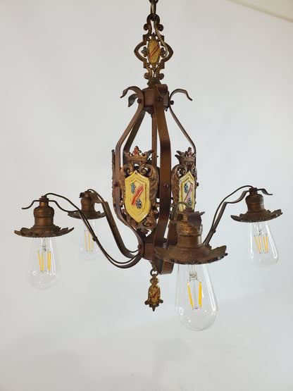 Antique Spanish Revival 5-Light Chandelier with Coat of Arms Accents