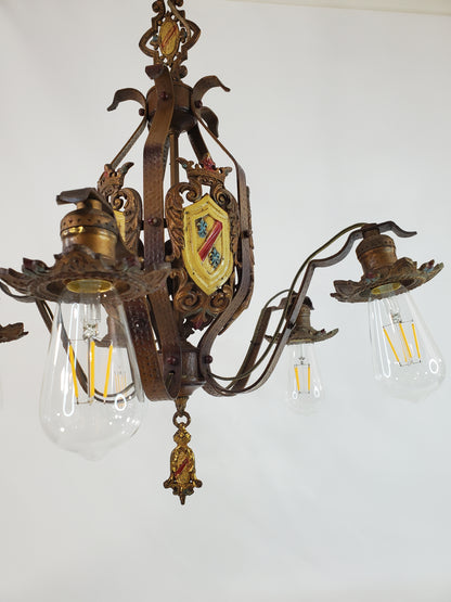 Antique Spanish Revival 5-Light Chandelier with Coat of Arms Accents