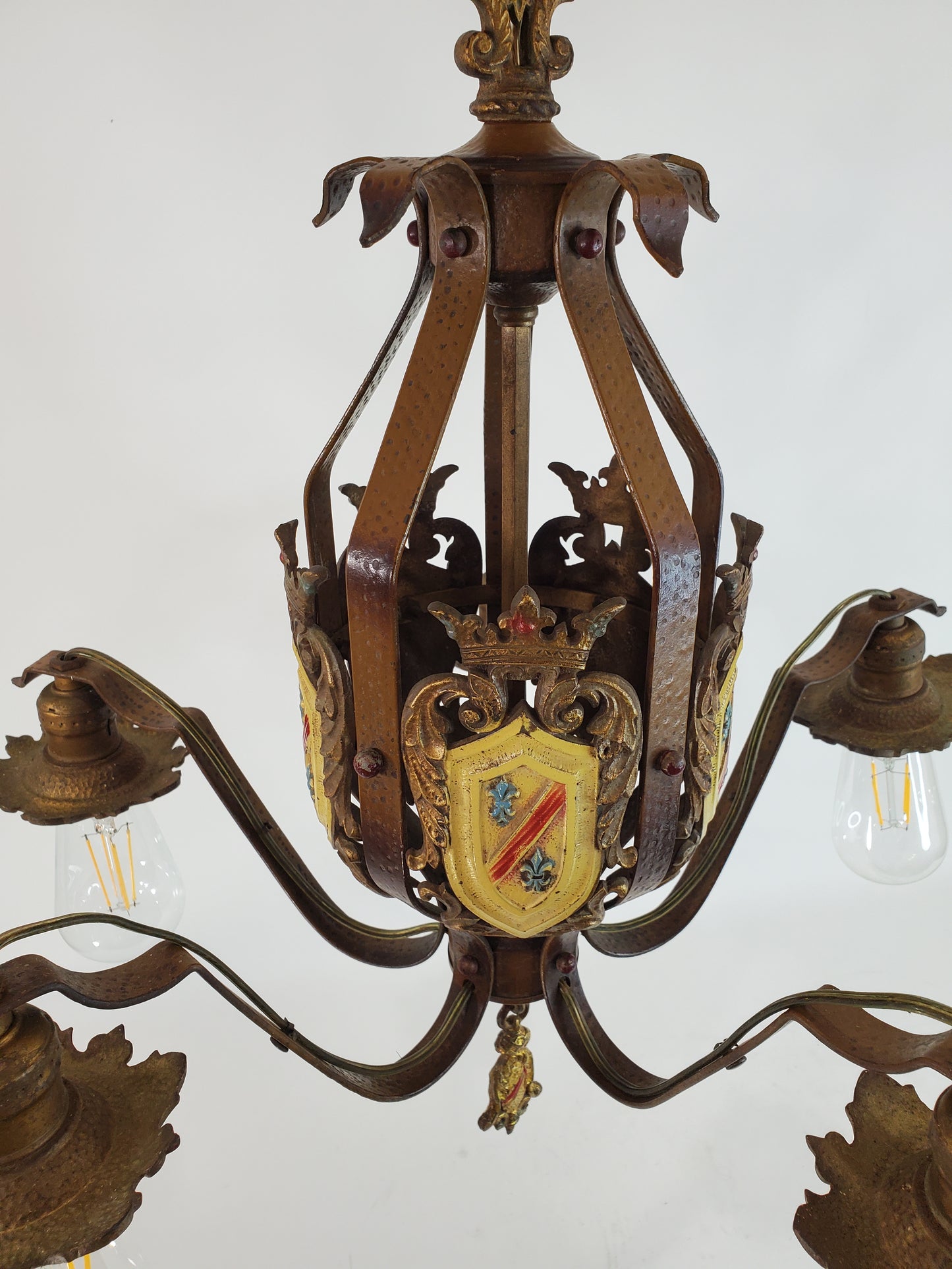 Antique Spanish Revival 5-Light Chandelier with Coat of Arms Accents