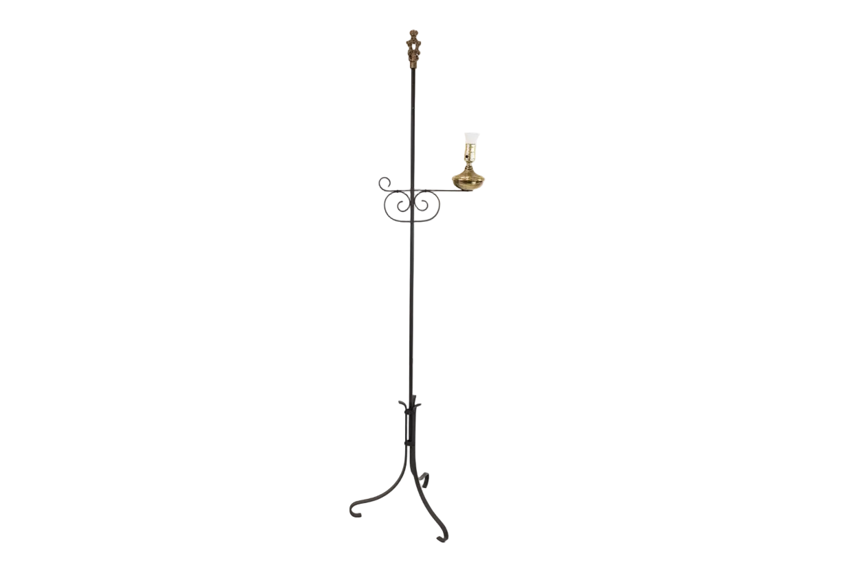 Antique Wrought Iron Bridge Arm Floor Lamp - Brass Oil Well Accent