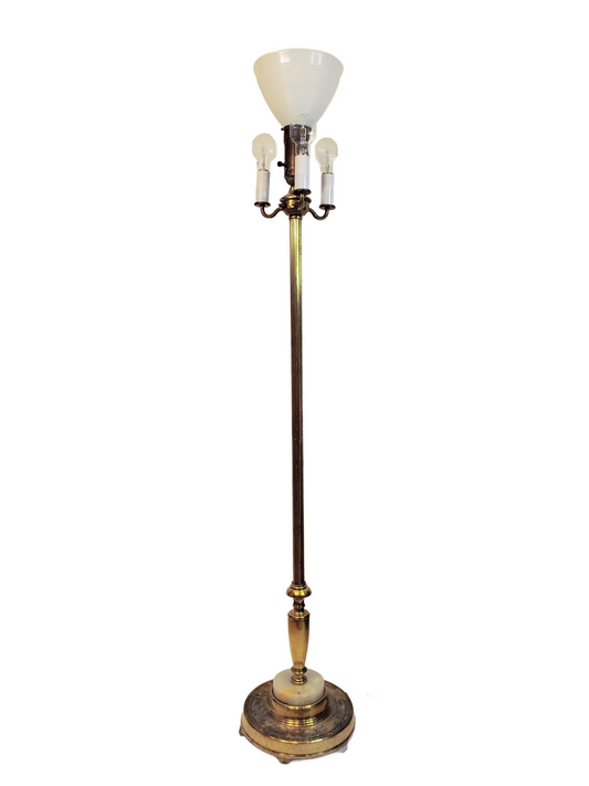 Vintage Brass 4 Light Torchiere Floor Lamp With Marble Base Accent