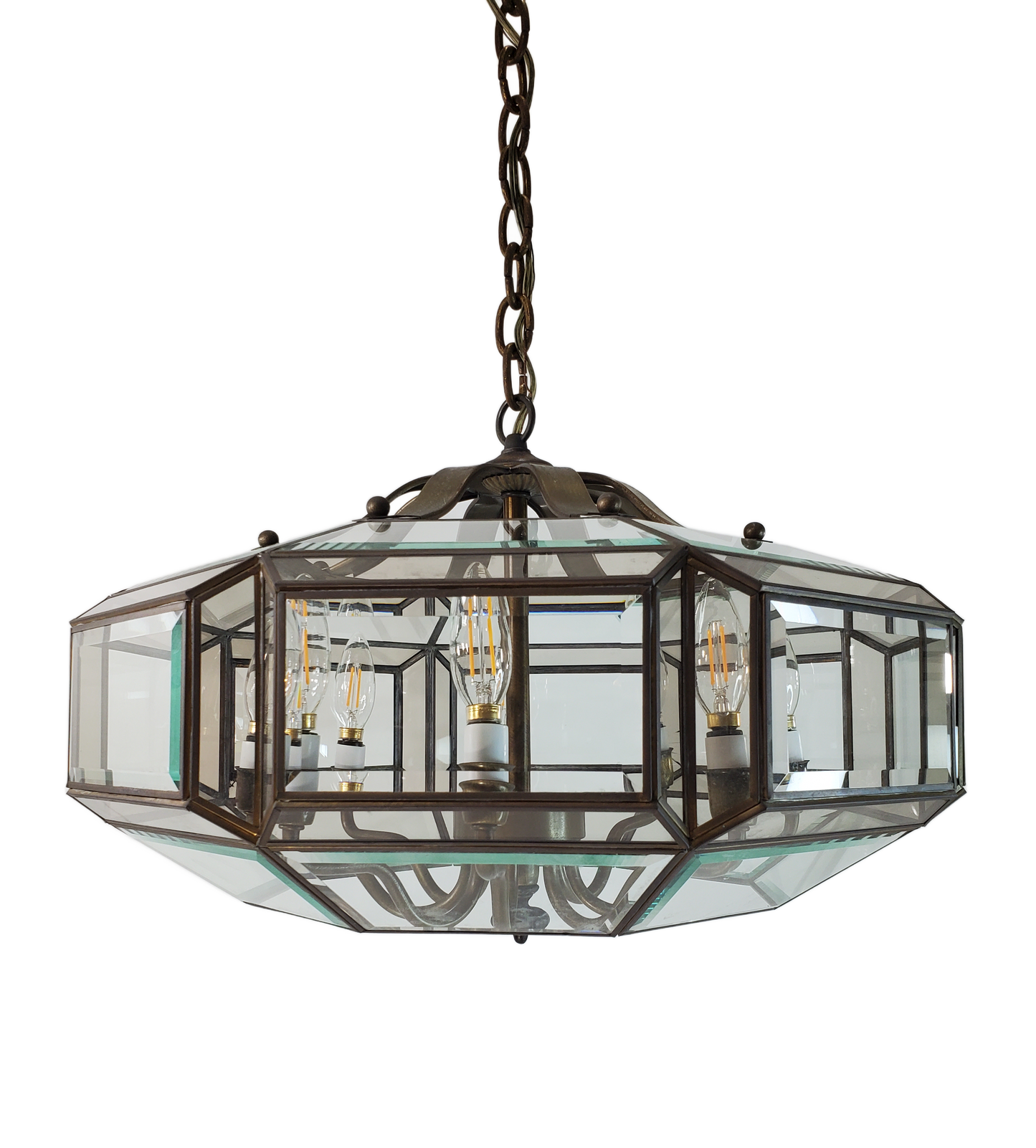 MCM 8-light Brass and Beveled Glass Chandelier Pendant