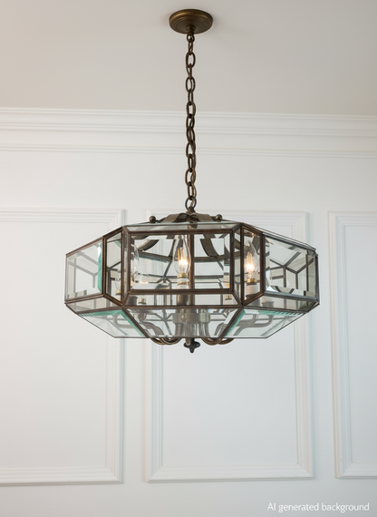 MCM 8-light Brass and Beveled Glass Chandelier Pendant
