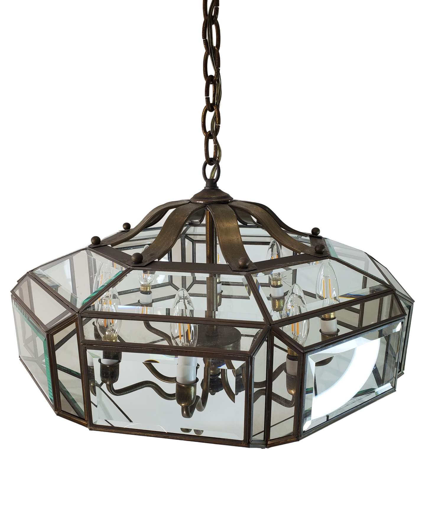 MCM 8-light Brass and Beveled Glass Chandelier Pendant