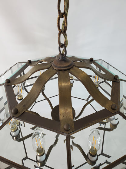 MCM 8-light Brass and Beveled Glass Chandelier Pendant