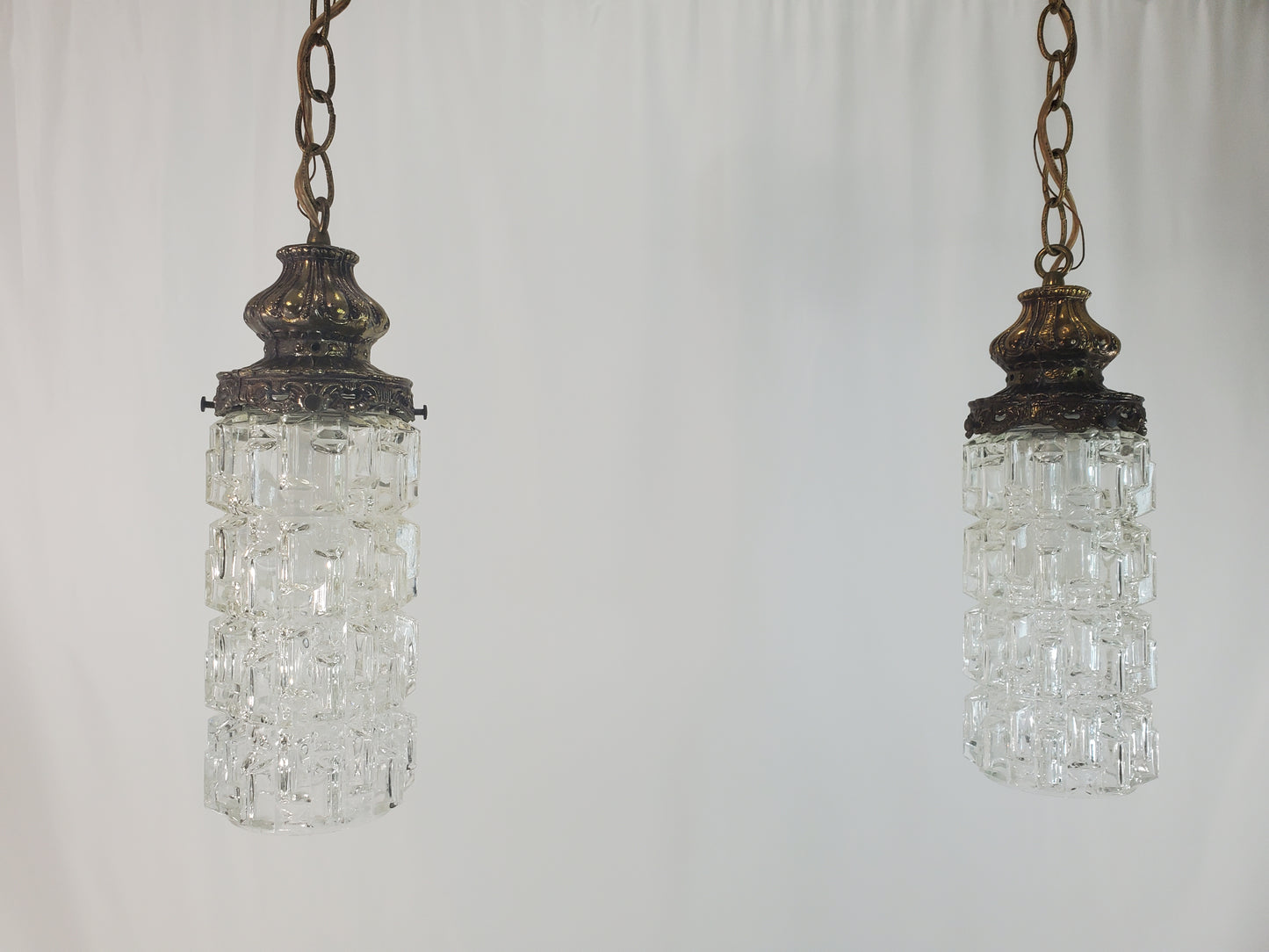 Mid-Century Modern Tri-Lite Textured Glass Pendant Light Pair-2