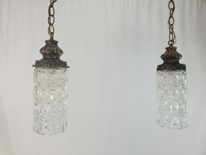 Mid-Century Modern Tri-Lite Textured Glass Pendant Light Pair-2