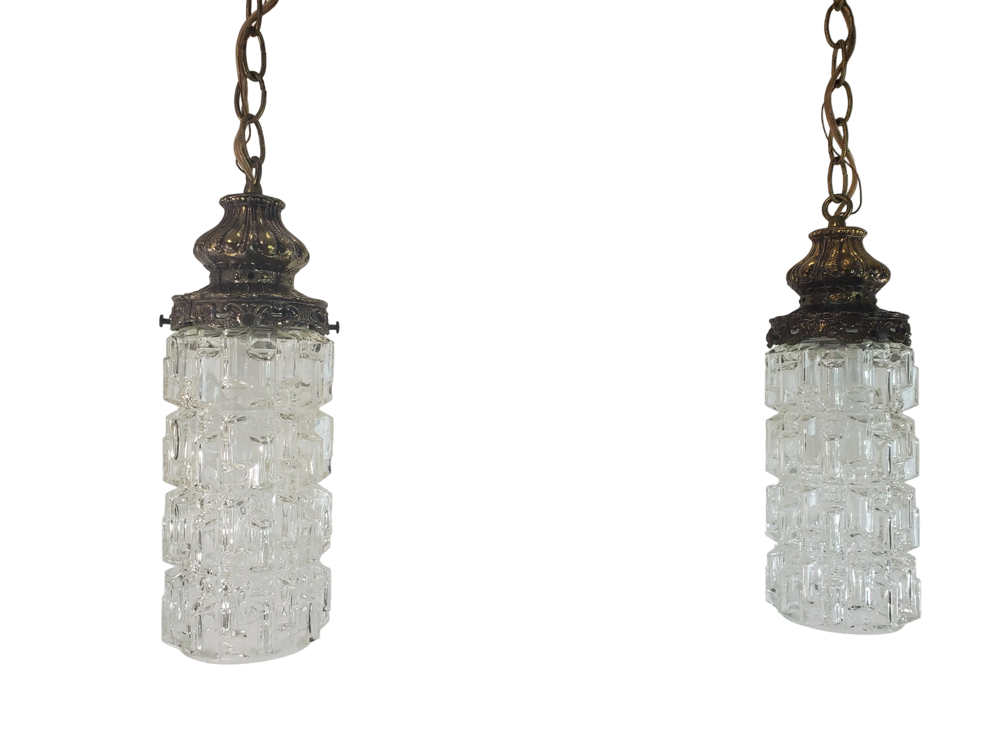 Mid-Century Modern Tri-Lite Textured Glass Pendant Light Pair-2