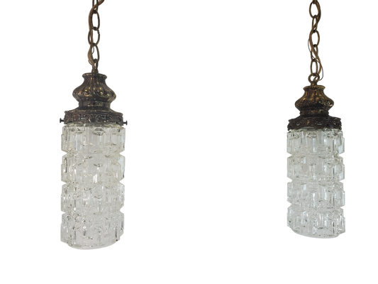 Mid-Century Modern Tri-Lite Textured Glass Pendant Light Pair-2