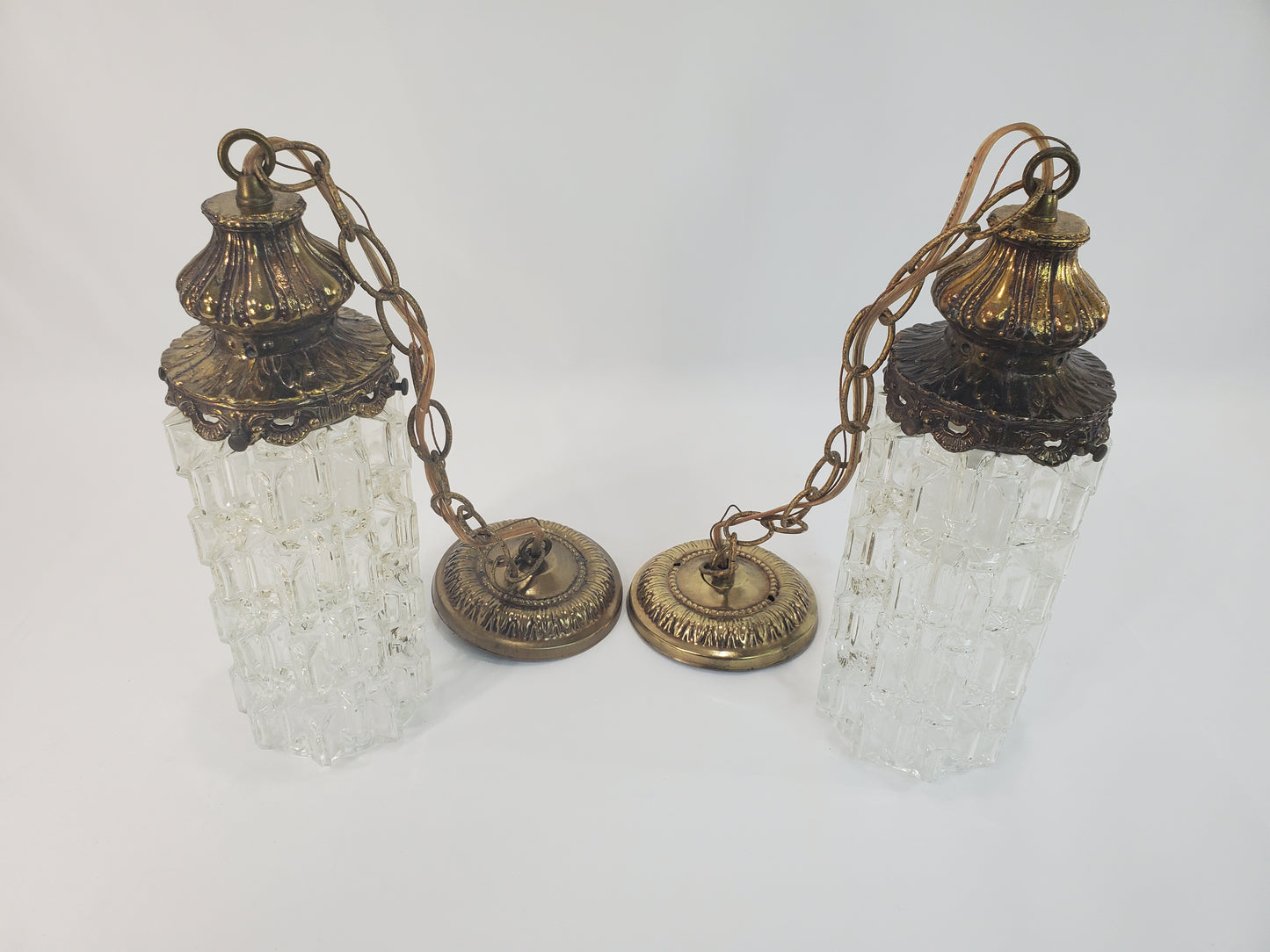 Mid-Century Modern Tri-Lite Textured Glass Pendant Light Pair-2