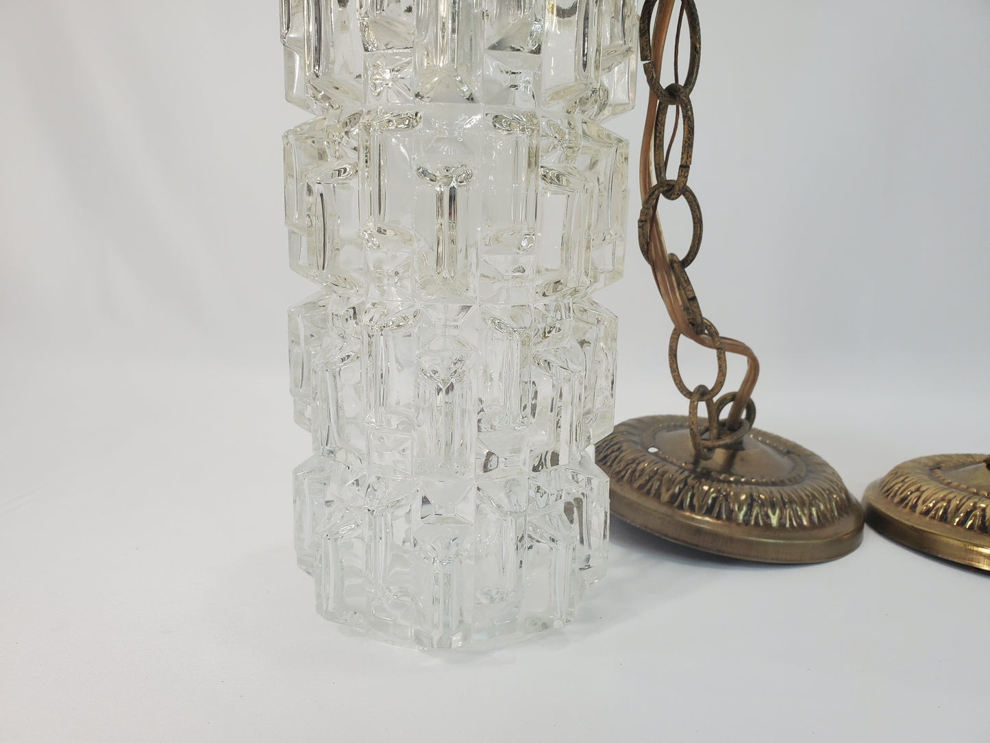 Mid-Century Modern Tri-Lite Textured Glass Pendant Light Pair-2