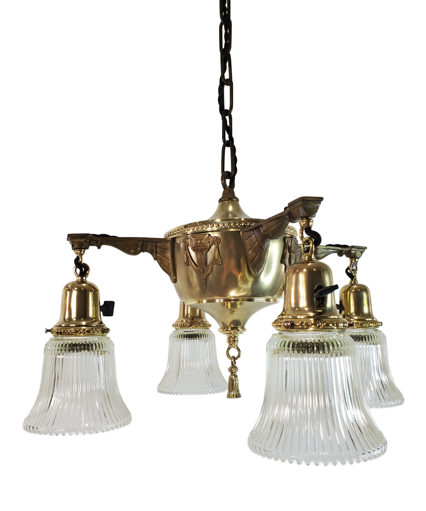 Neoclassical Brass Four Arm Chandelier