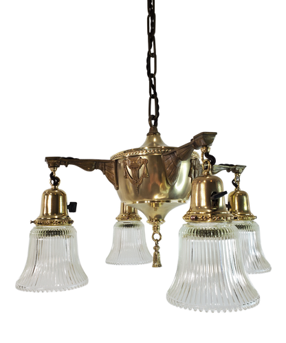 Neoclassical Brass Four Arm Chandelier