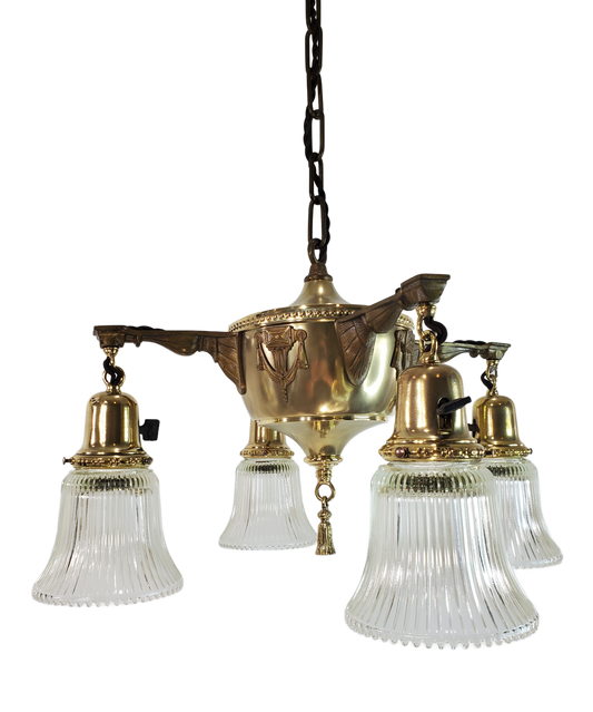 Neoclassical Brass Four Arm Chandelier