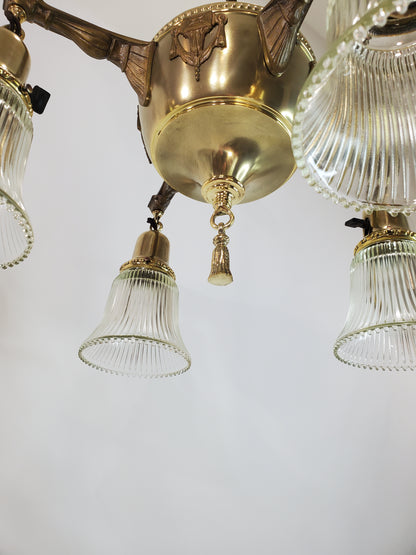 Neoclassical Brass Four Arm Chandelier