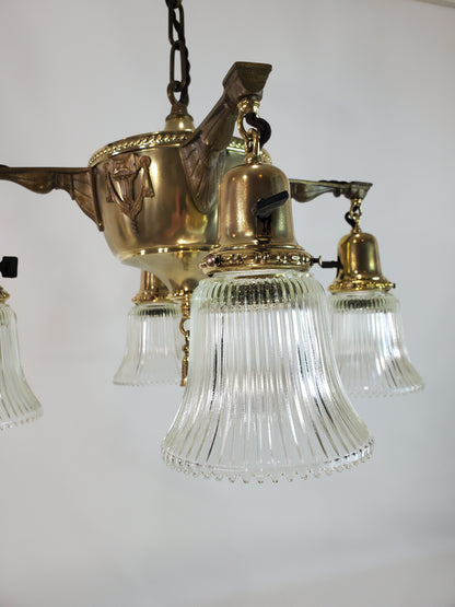 Neoclassical Brass Four Arm Chandelier