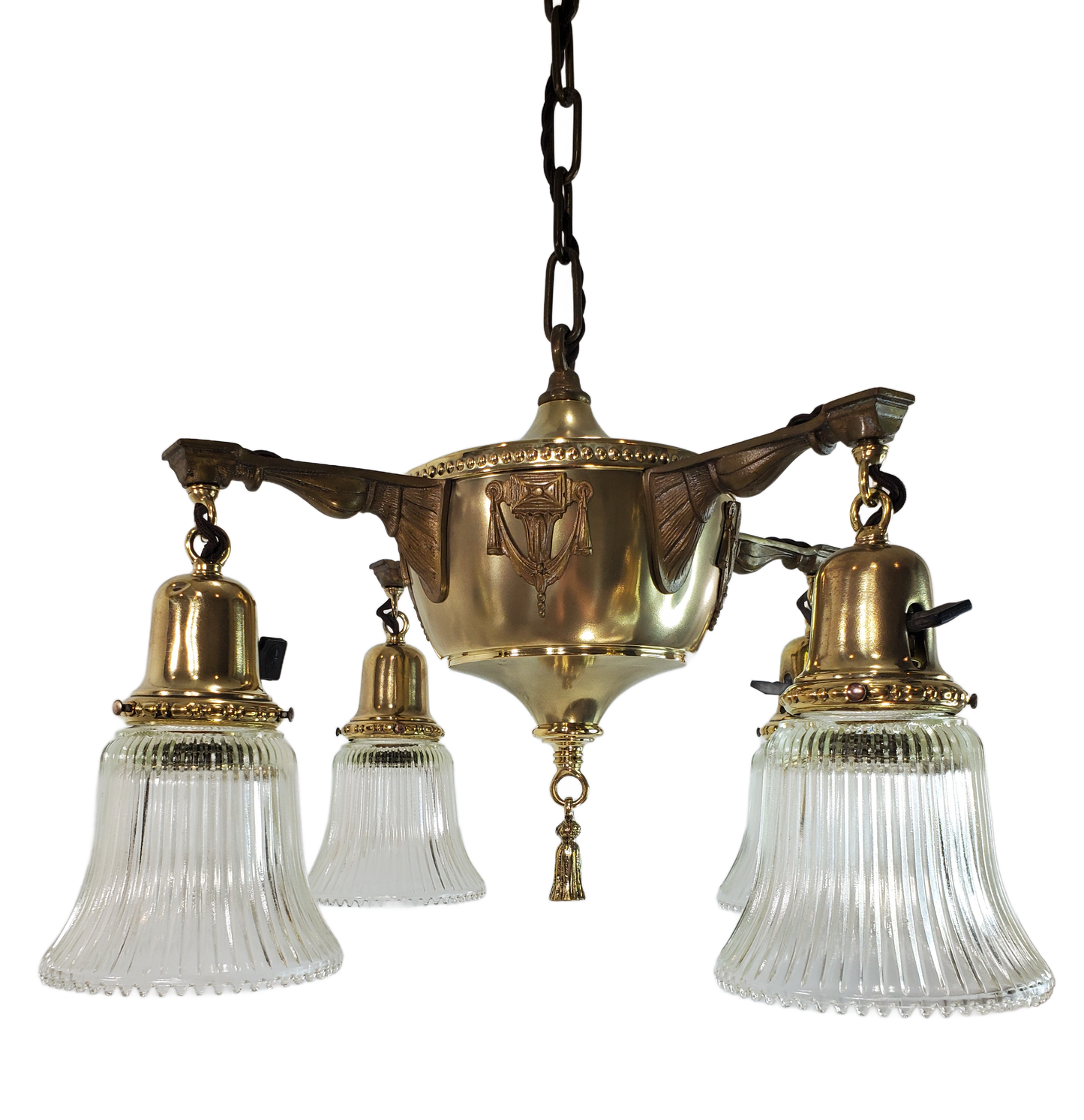 Neoclassical Brass Four Arm Chandelier