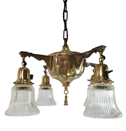 Neoclassical Brass Four Arm Chandelier