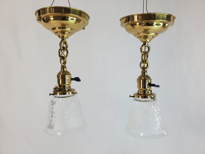 Pair Antique Brass Pendant Light Fixtures antique - glass shades