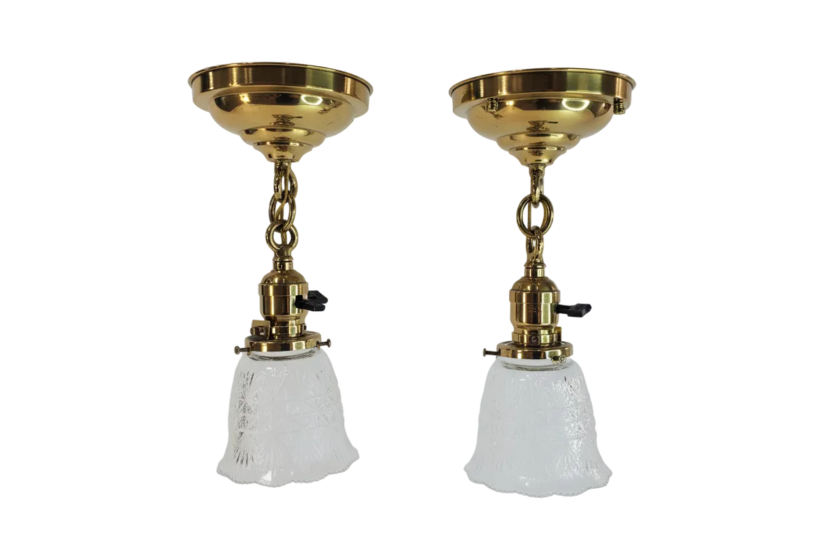Pair Antique Brass Pendant Light Fixtures antique - glass shades