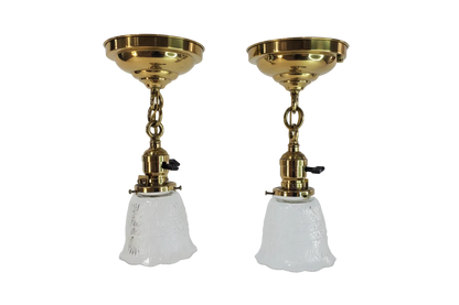 Pair Antique Brass Pendant Light Fixtures antique - glass shades