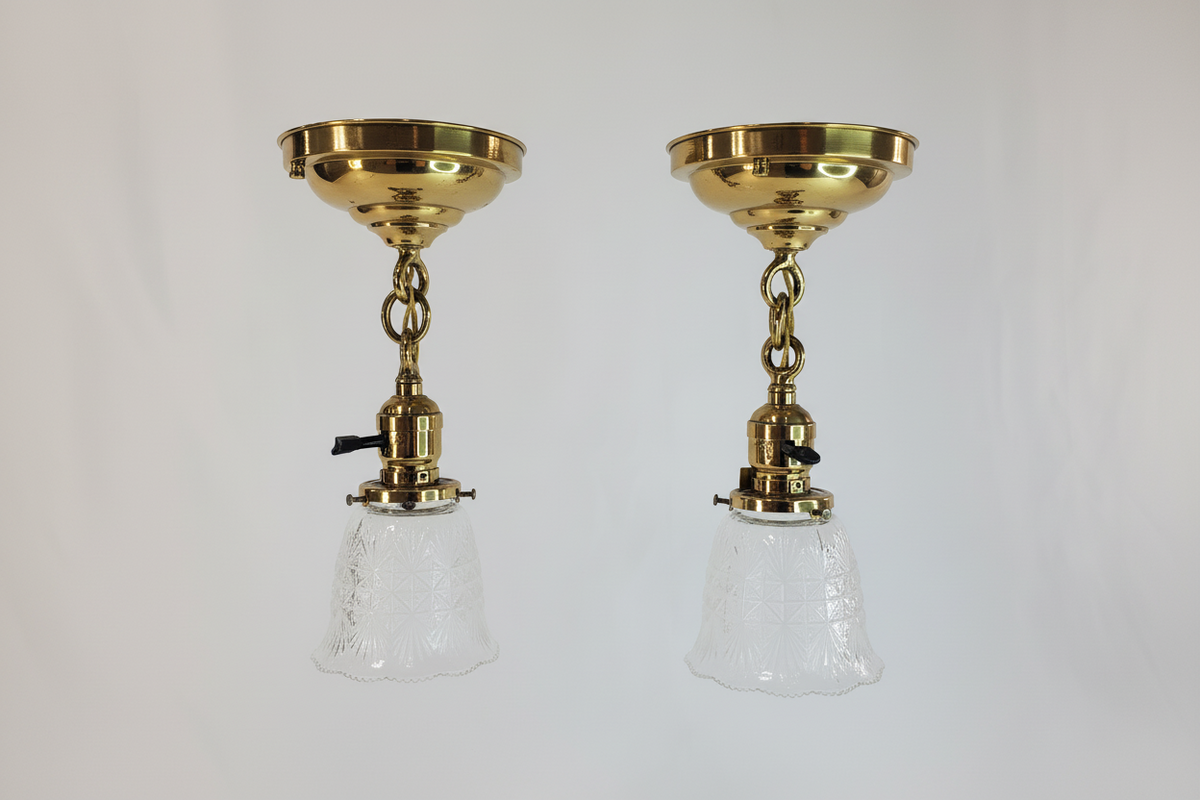 Pair Antique Brass Pendant Light Fixtures antique - glass shades