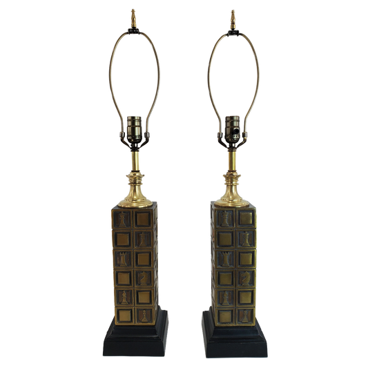 Pair Brass Chess Piece Table Lamps by Laurel Lamp Company 1960s