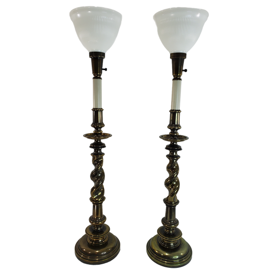 Pair Brass Stiffel Barley Twist Torchiere Table Lamps