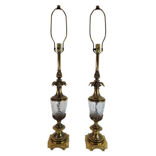 Pair Stiffel Brass Crystal Glass Lamps - Pineapple Hollywood Regency