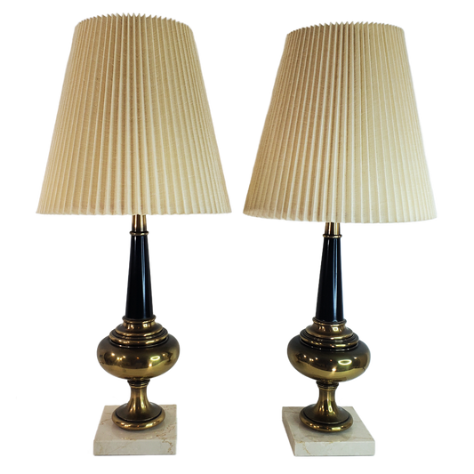 Pair Stiffel MCM Brass Marble Base Table Lamps