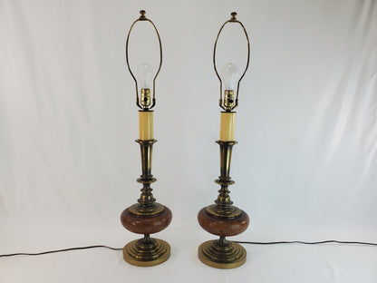 Pair Vintage Brass and Wood Candlestick Table Lamps