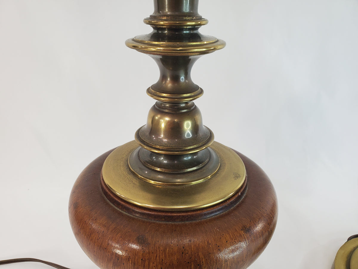 Pair Vintage Brass and Wood Candlestick Table Lamps