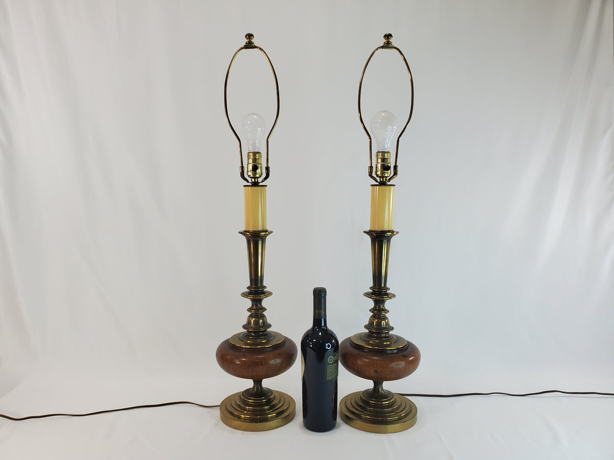 Pair Vintage Brass and Wood Candlestick Table Lamps