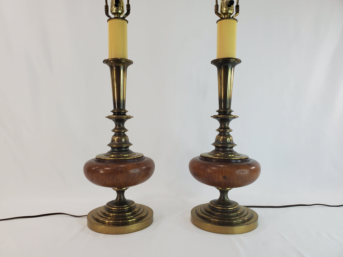 Pair Vintage Brass and Wood Candlestick Table Lamps