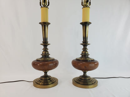 Pair Vintage Brass and Wood Candlestick Table Lamps