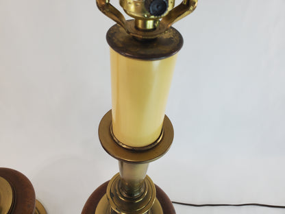 Pair Vintage Brass and Wood Candlestick Table Lamps
